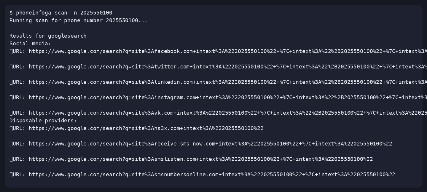 Terminal output of phoneinfoga scan -n 2025550100, captured 16 Oct 2026