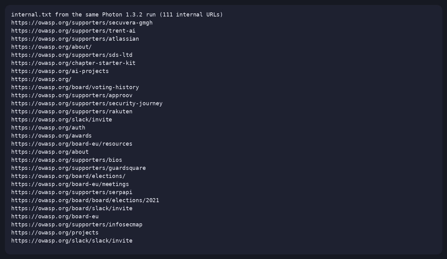 Photon: The internal URL file from that same 16 Oct 2026 Photon run. The frame shows public owasp.org paths. No key-extraction switch was used.