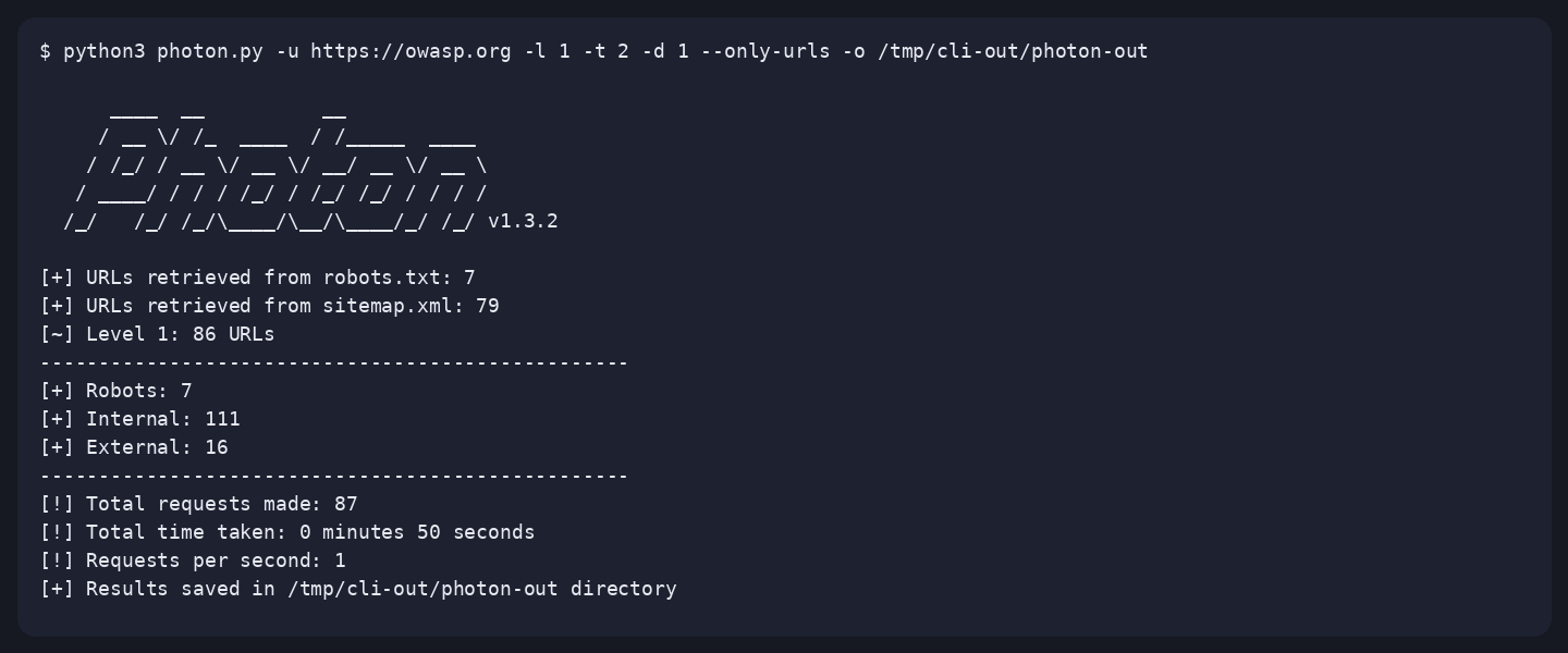 Photon: Local run on 16 Oct 2026 of `python3 photon.py -u https://owasp.org -l 1 -t 2 -d 1 --only-urls`. Photon 1.3.2 reported 111 internal URLs, 16 external URLs, and 87 requests.