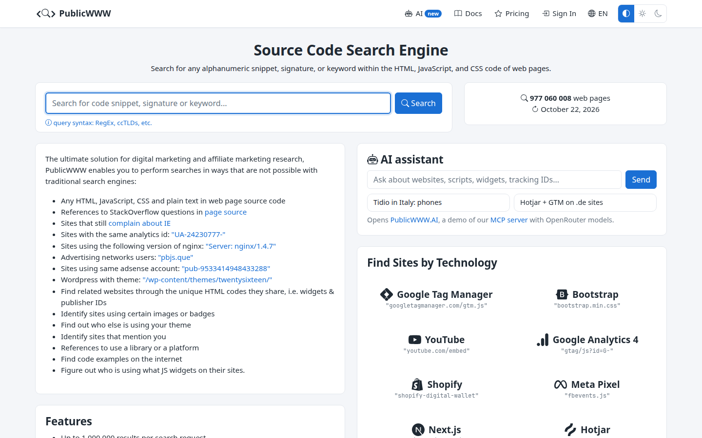 PublicWWW homepage on 23 Oct 2026 showing the source-code search box and the index of 977 060 008 pages dated October 22, 2026.