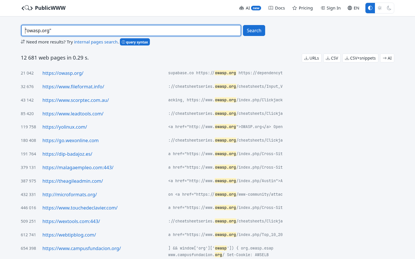 PublicWWW search for owasp.org on 23 Oct 2026, title count 12681 and the body line 12 681 web pages in 0.29 seconds, first hit owasp.org.