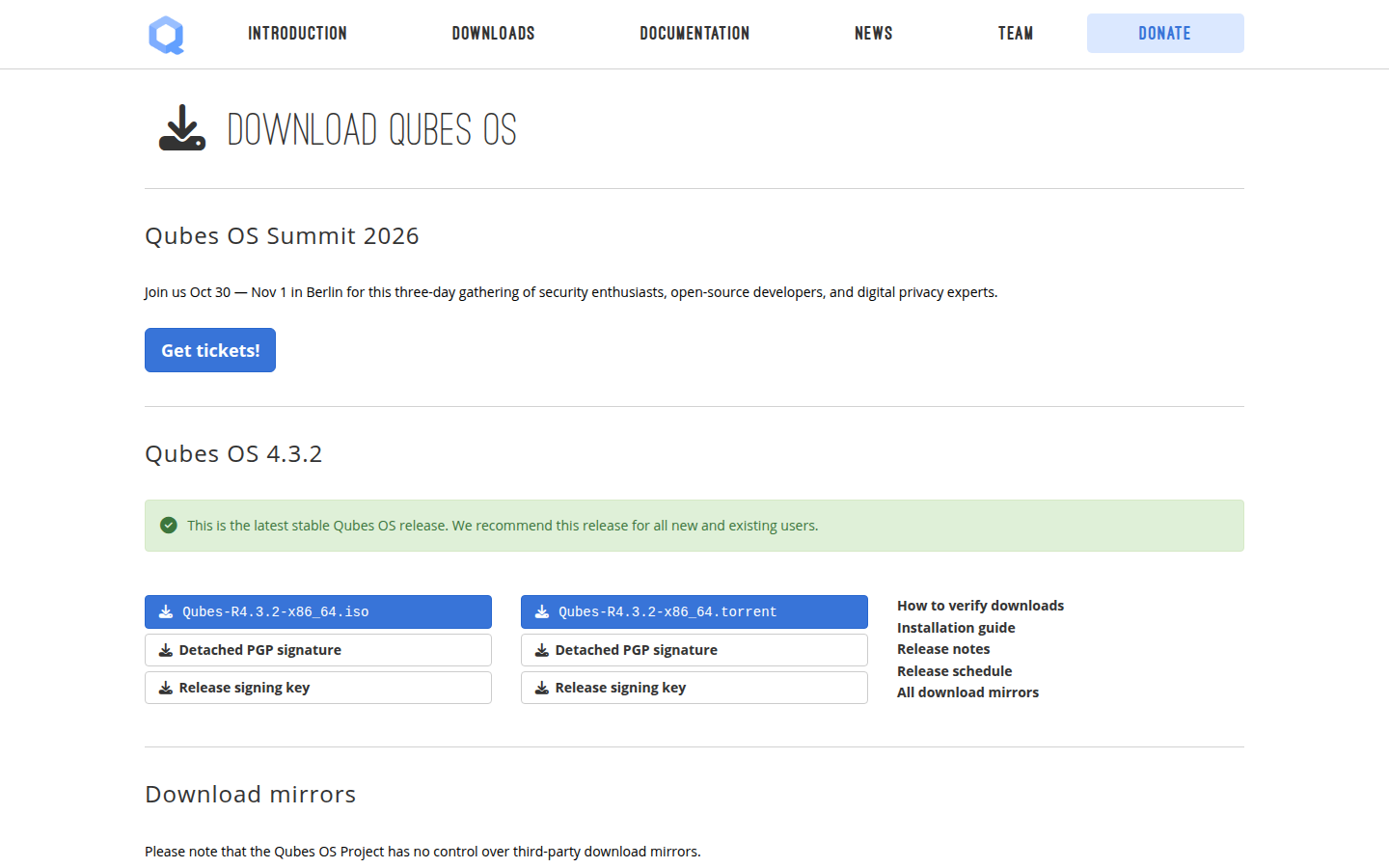Qubes OS downloads page on 20 Oct 2026, stating that 4.3.2 is the latest stable release and naming the x86_64 ISO.