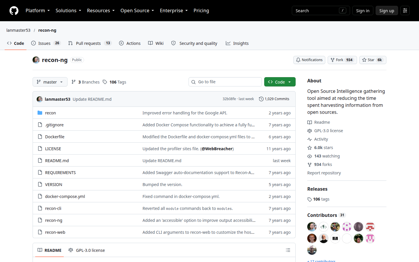 Recon-ng repository, captured 16 Oct 2026