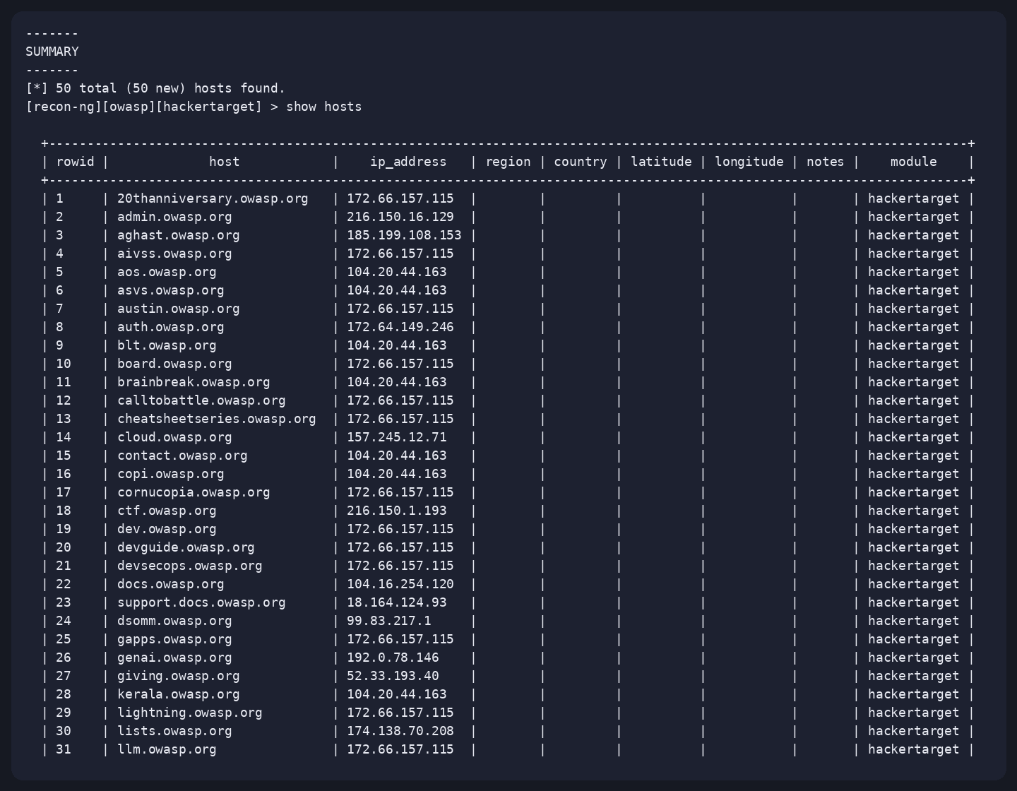 Terminal output of recon-ng --no-marketplace, captured 16 Oct 2026