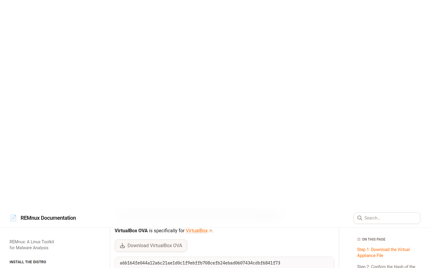 REMnux virtual appliance page on 21 Oct 2026, showing the VMware OVA sha256 and the default remnux user and malware password.