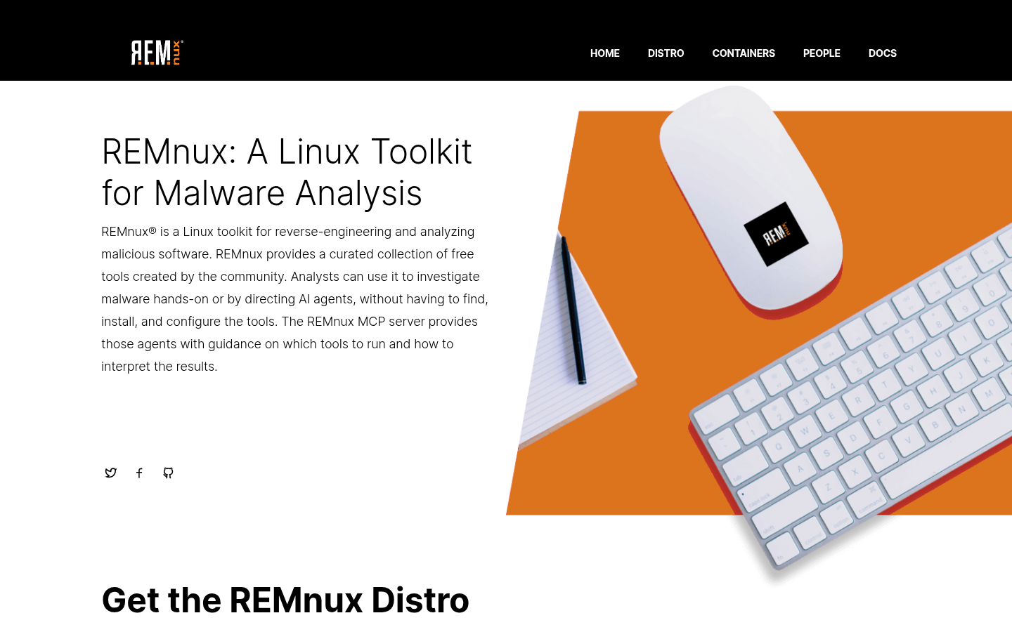 REMnux homepage at remnux.org on 21 Oct 2026, naming the malware-analysis Linux toolkit, the virtual appliance, and the one-line install.