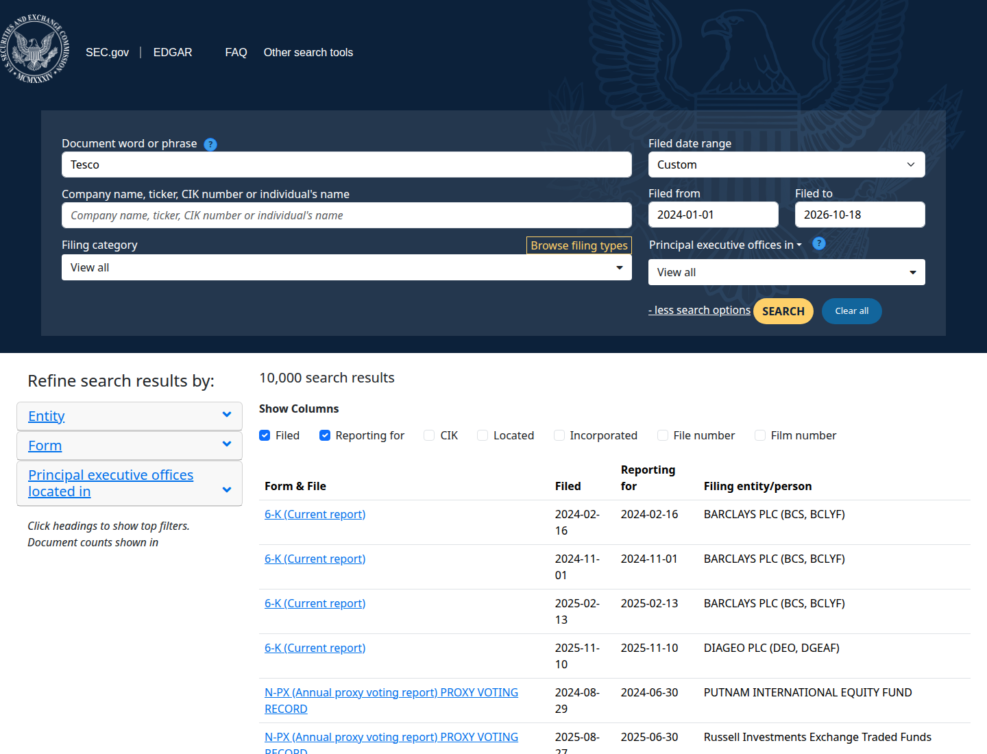SEC EDGAR full-text search form on 18 Oct 2026 with the quoted word TESCO entered and a custom filed-date range ready to run.