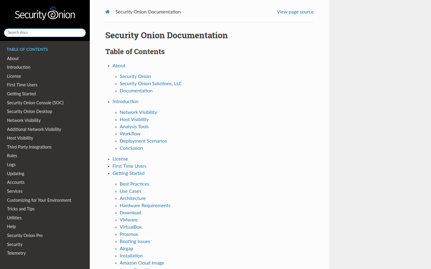Security Onion 2.4 documentation home on 21 Oct 2026, with the introduction and the installation section.