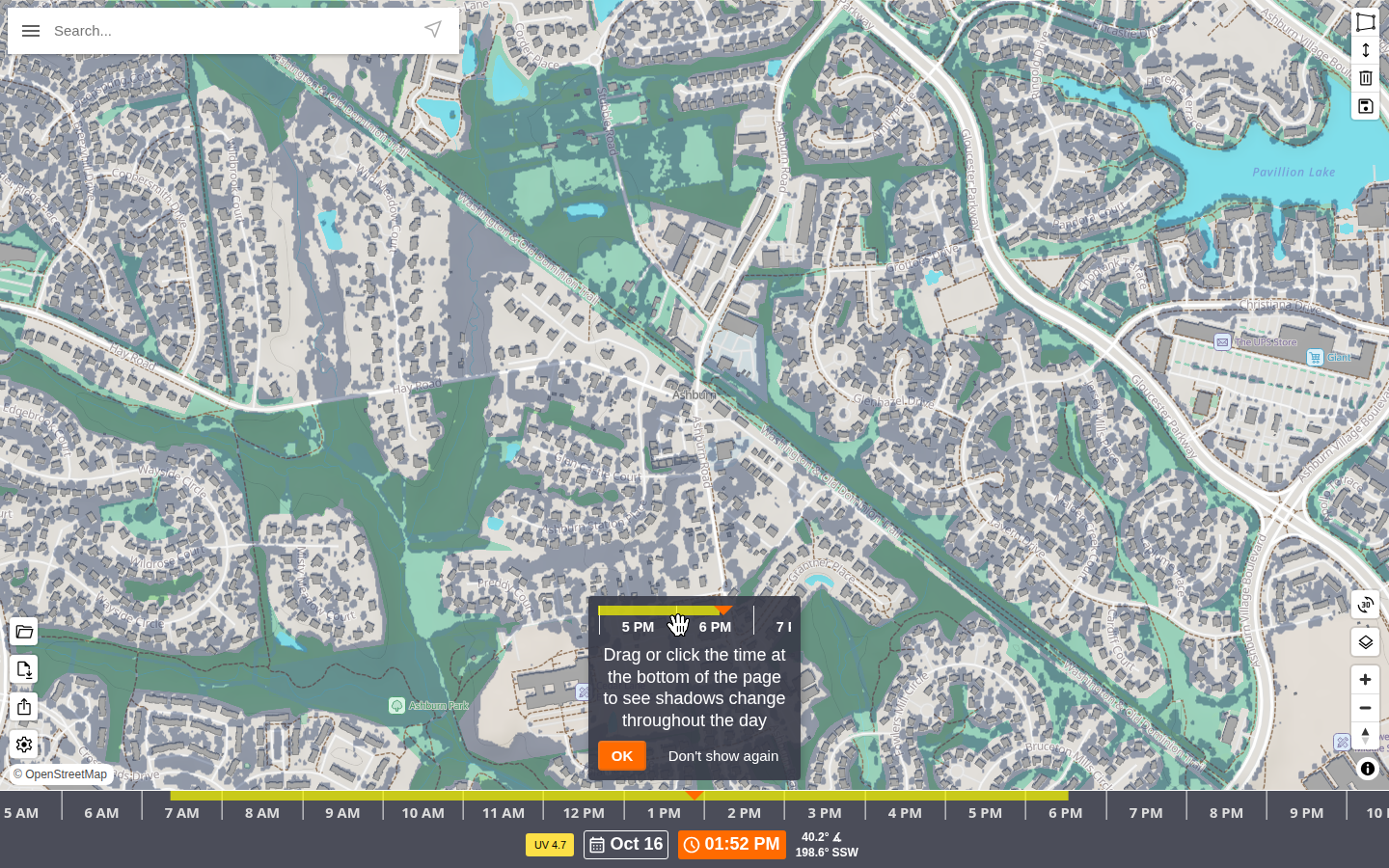 Shade Map: Same public map later on 16 Oct 2026, at 01:52 PM. The readout showed UV 4.7, elevation 40.2 degrees, and azimuth 198.6 degrees SSW. No account was used.