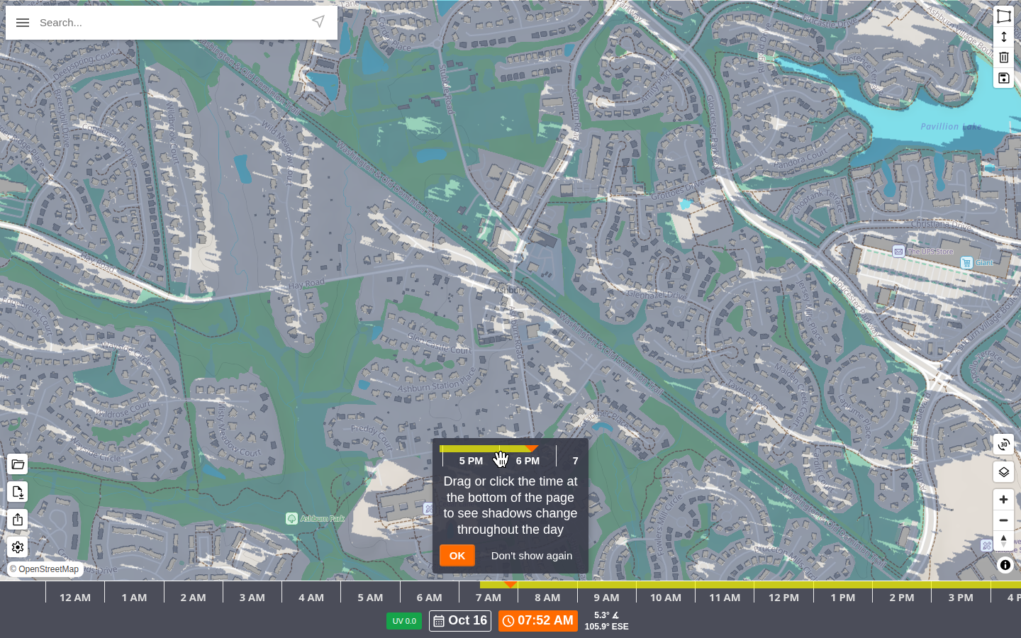 Shade Map: Public Shade Map, captured 16 Oct 2026. The readout showed 16 Oct, 07:52 AM, UV 0.0, elevation 5.3 degrees, azimuth 105.9 degrees ESE, near 39.04 north, 77.49 west.