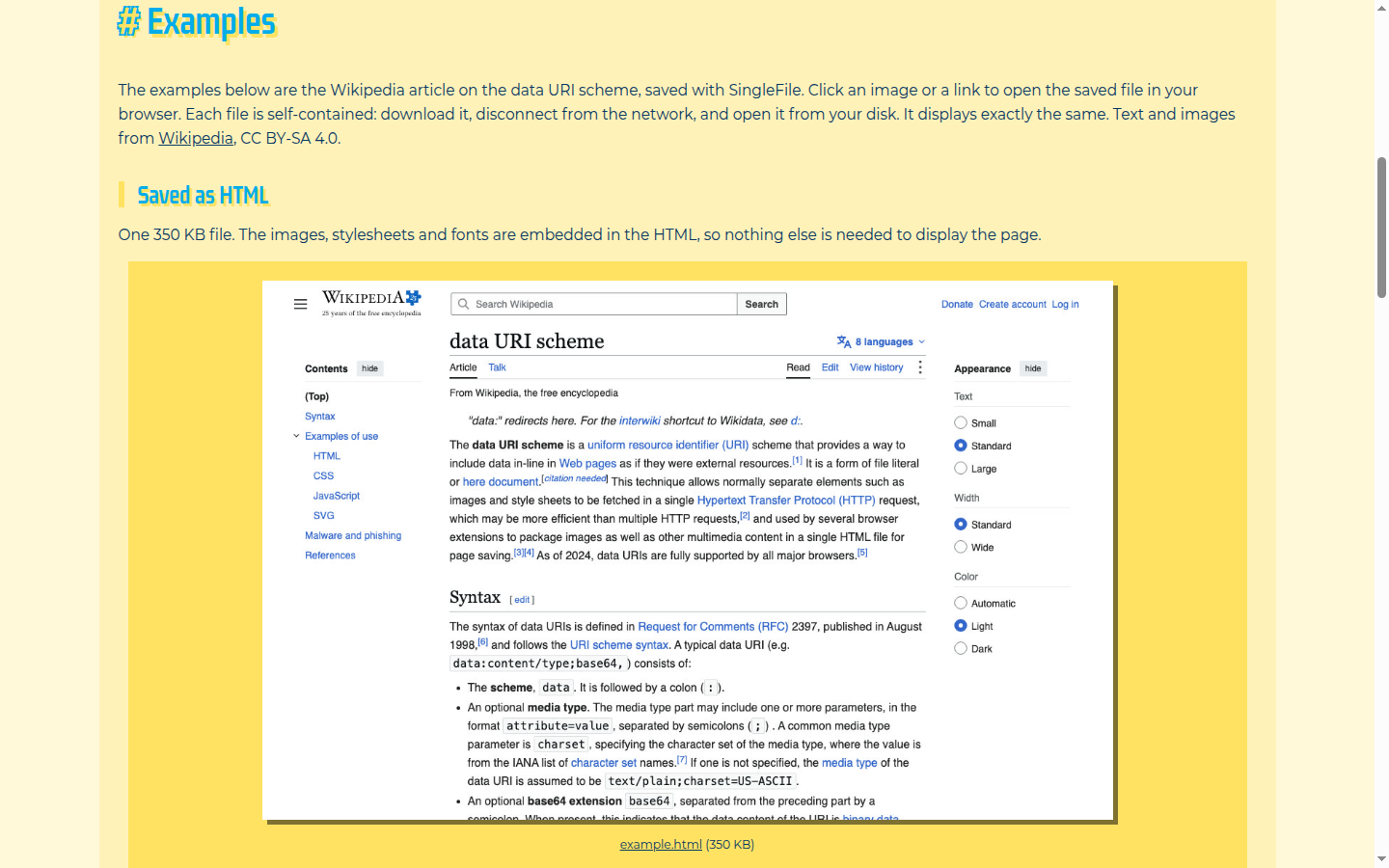 SingleFile: Public page on getsinglefile.com, captured 16 Oct 2026. The examples section says the Wikipedia article on the data URI scheme was saved as one 350 KB HTML file.