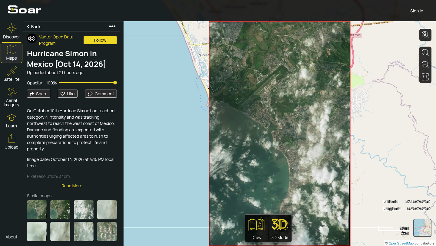 Soar Atlas map of Hurricane Simon in Mexico, opened 16 Oct 2026. The panel credited the Vantor Open Data Program, dated the image 14 Oct 2026, and printed a 34 cm pixel resolution.