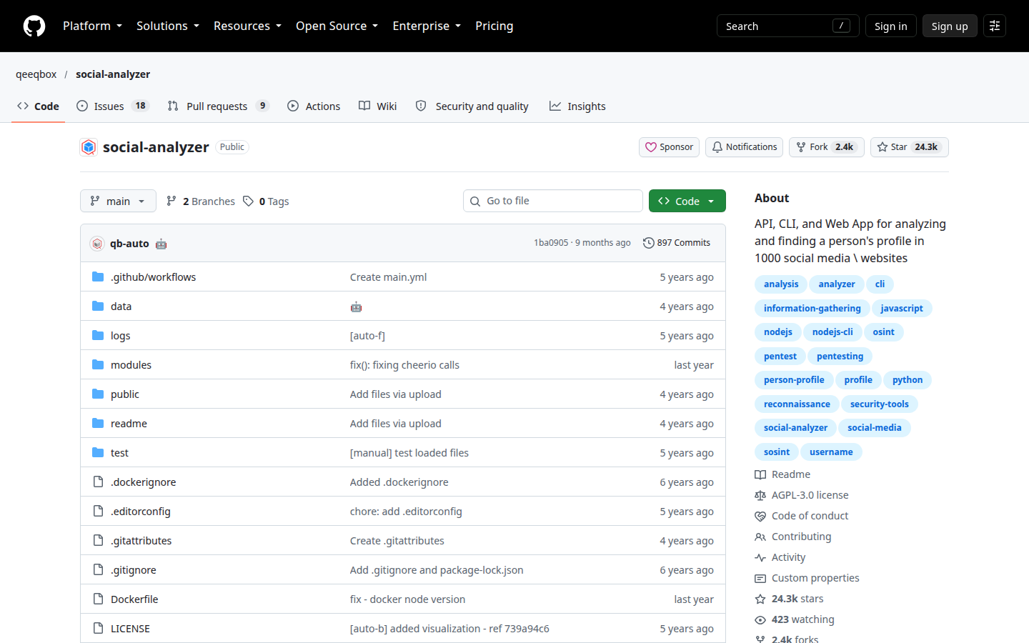 Social Analyzer repository, captured 16 Oct 2026