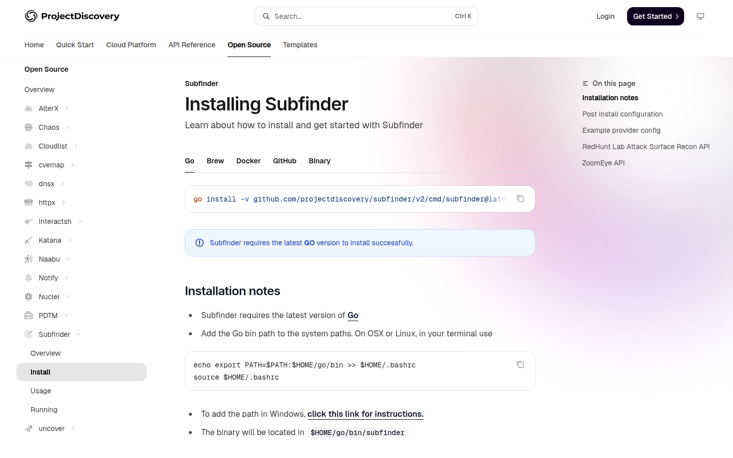 Subfinder installation docs, captured 16 Oct 2026