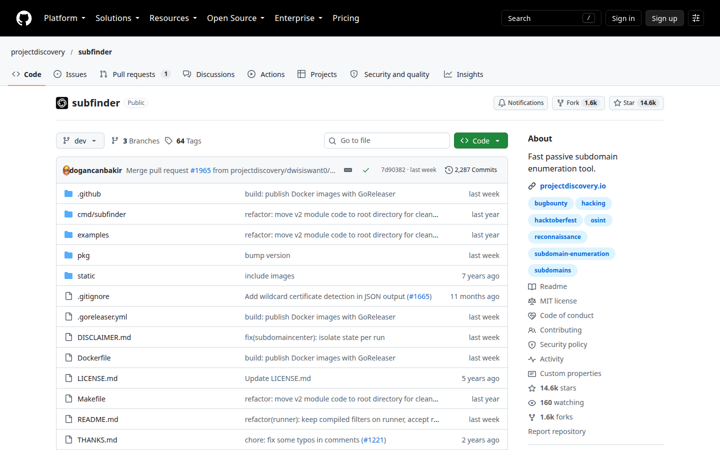 Subfinder repository, captured 16 Oct 2026