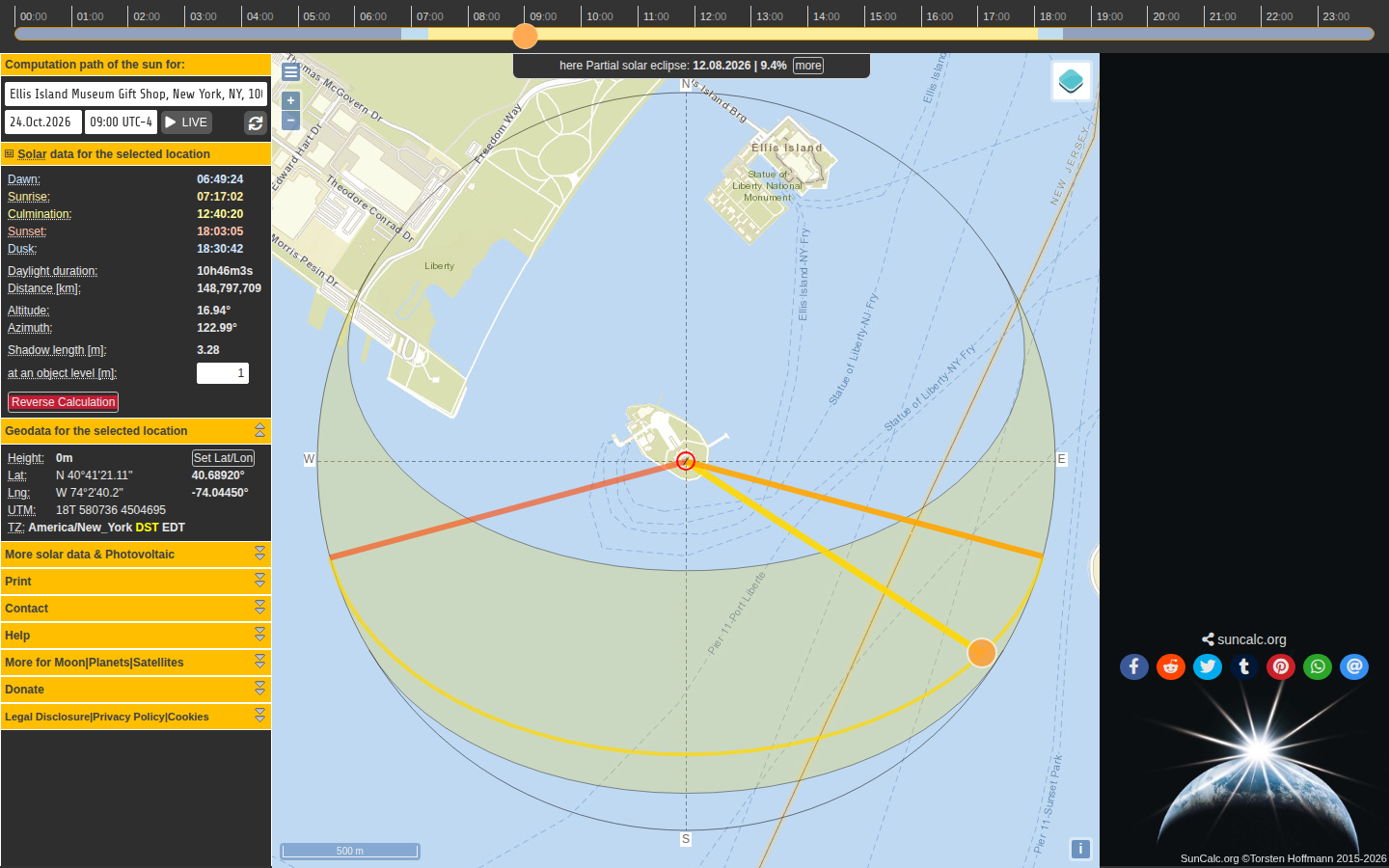 SunCalc on 24 Oct 2026 at 40.6892, -74.0445 and 09:00 UTC-4, zoom 15, with the morning sun path and the solar-data panel for that hour.