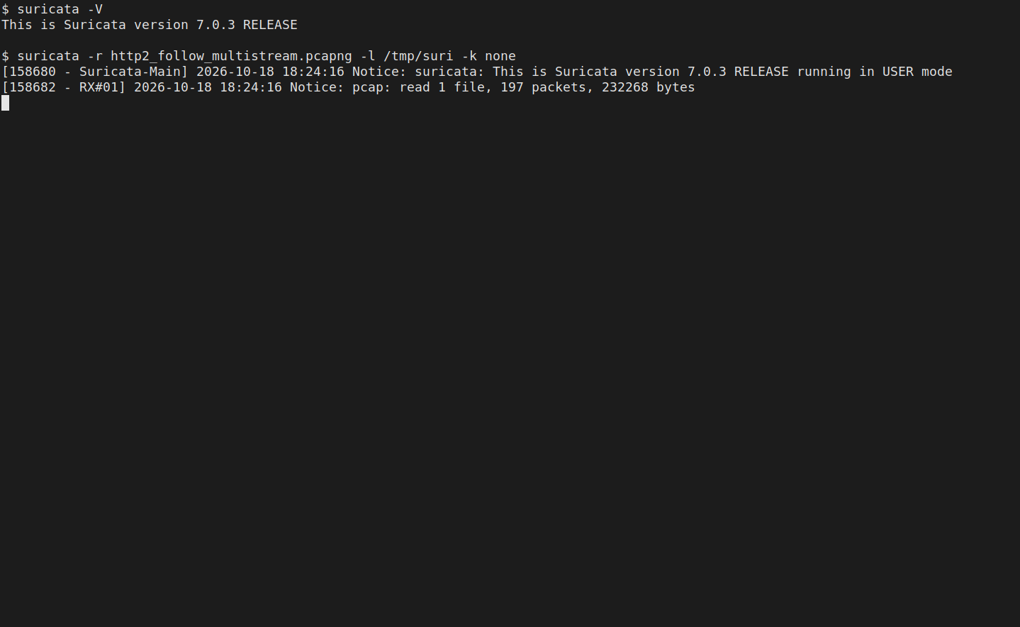 Suricata 7.0.3 on 18 Oct 2026 logging a read of the Mozilla sample, 197 packets and 232268 bytes, and warning that no rule file matched.