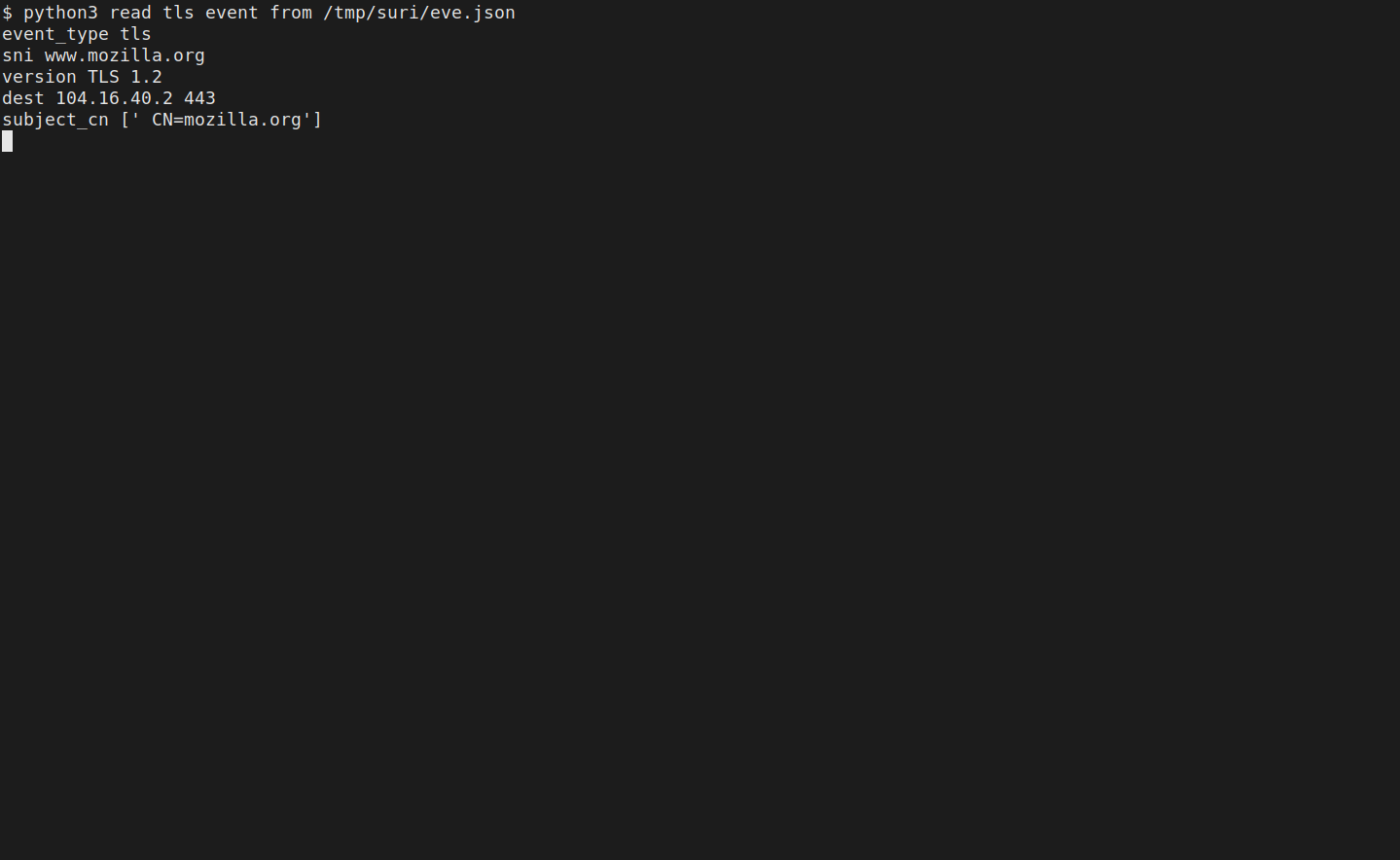 Suricata eve.json TLS event on 18 Oct 2026 with SNI www.mozilla.org, TLS 1.2, and destination 104.16.40.2 port 443. No signature fired.