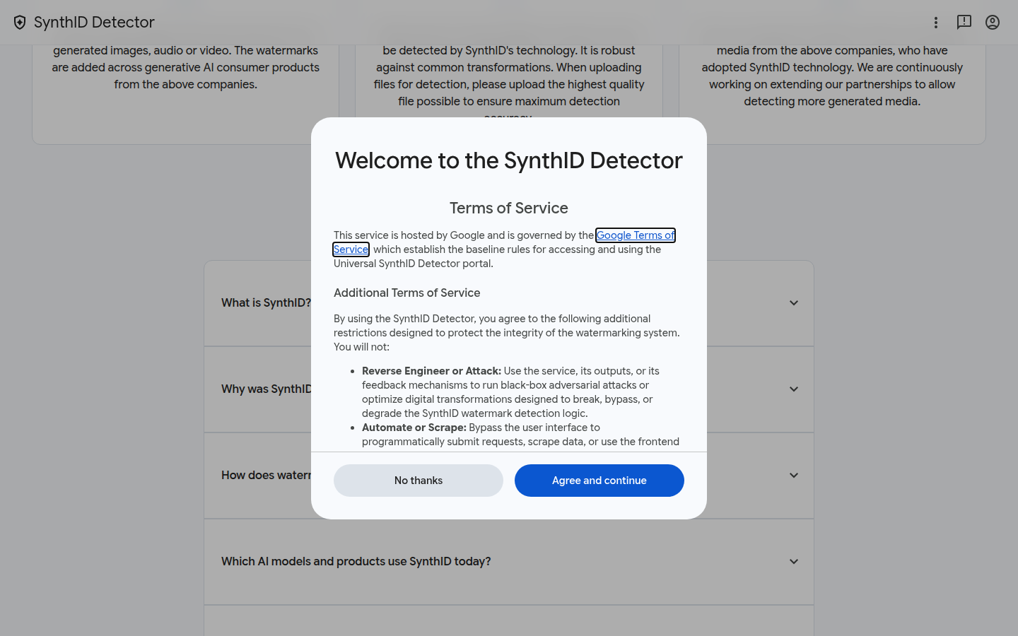 SynthID Detector notes on synthid.com, opened 20 Oct 2026, stating it is not a general detector and listing questions under the upload form.