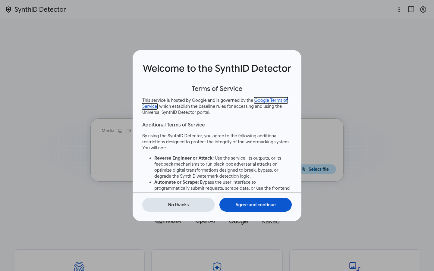 SynthID Detector upload form on synthid.com, opened 20 Oct 2026, with image, video, and audio choices and no file selected.