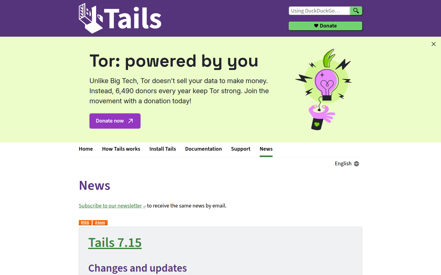 Tails news index on 20 Oct 2026, with the Tails 7.15 item posted 2026-10-13 updating Tor Browser to 15.0.25.