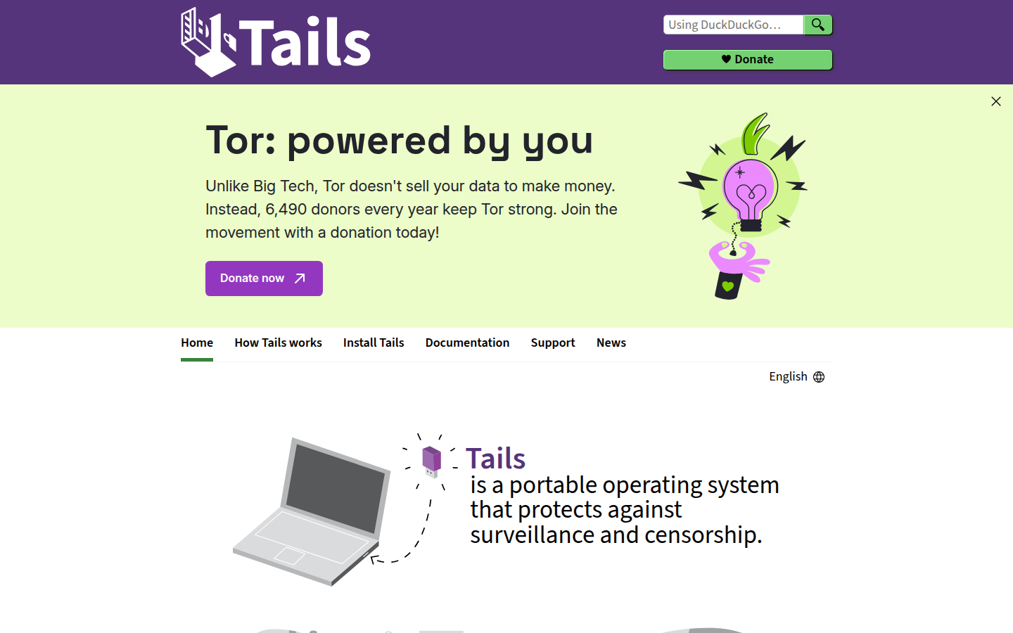 Tails homepage at tails.net on 20 Oct 2026, describing a portable Debian system from the Tor Project that routes traffic through Tor.