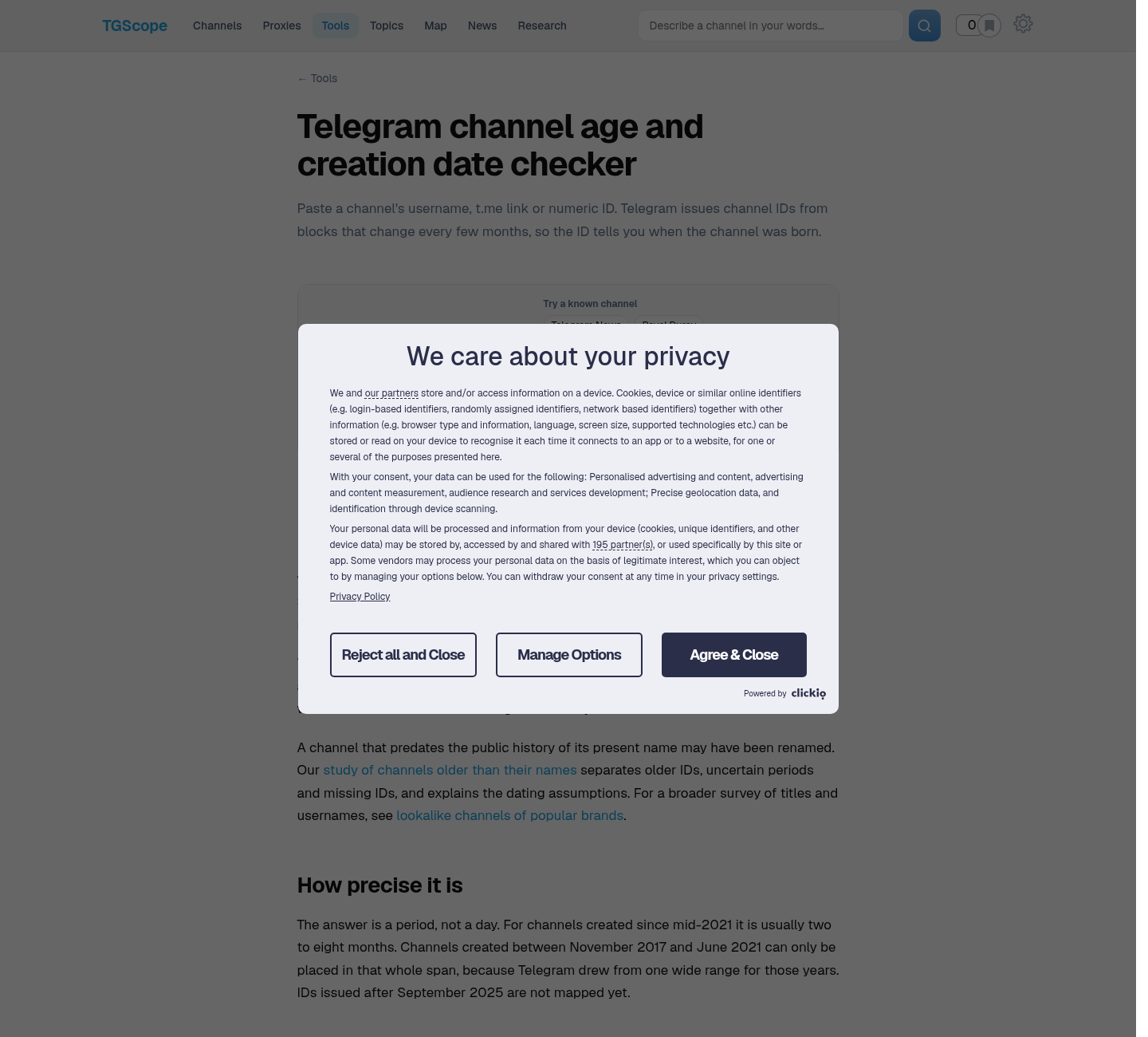 TGScope creation-date page on 18 Oct 2026 explaining that the result is a period mapped from 247,850 channels, with the Telegram News example.