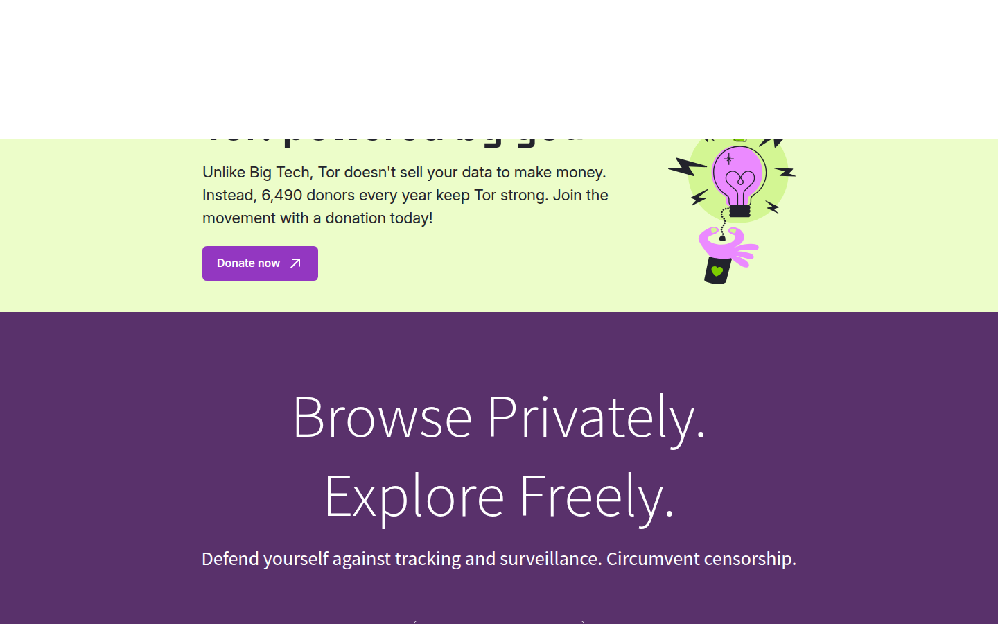 Tor Project homepage on 21 Oct 2026, with the Defend yourself and Browse privately links above the download call.