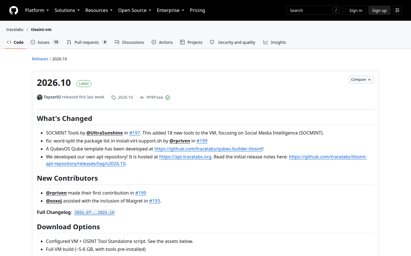 GitHub release 2026.10 for tracelabs/tlosint-vm on 20 Oct 2026, showing Tayzar02 as the publisher of that tag.
