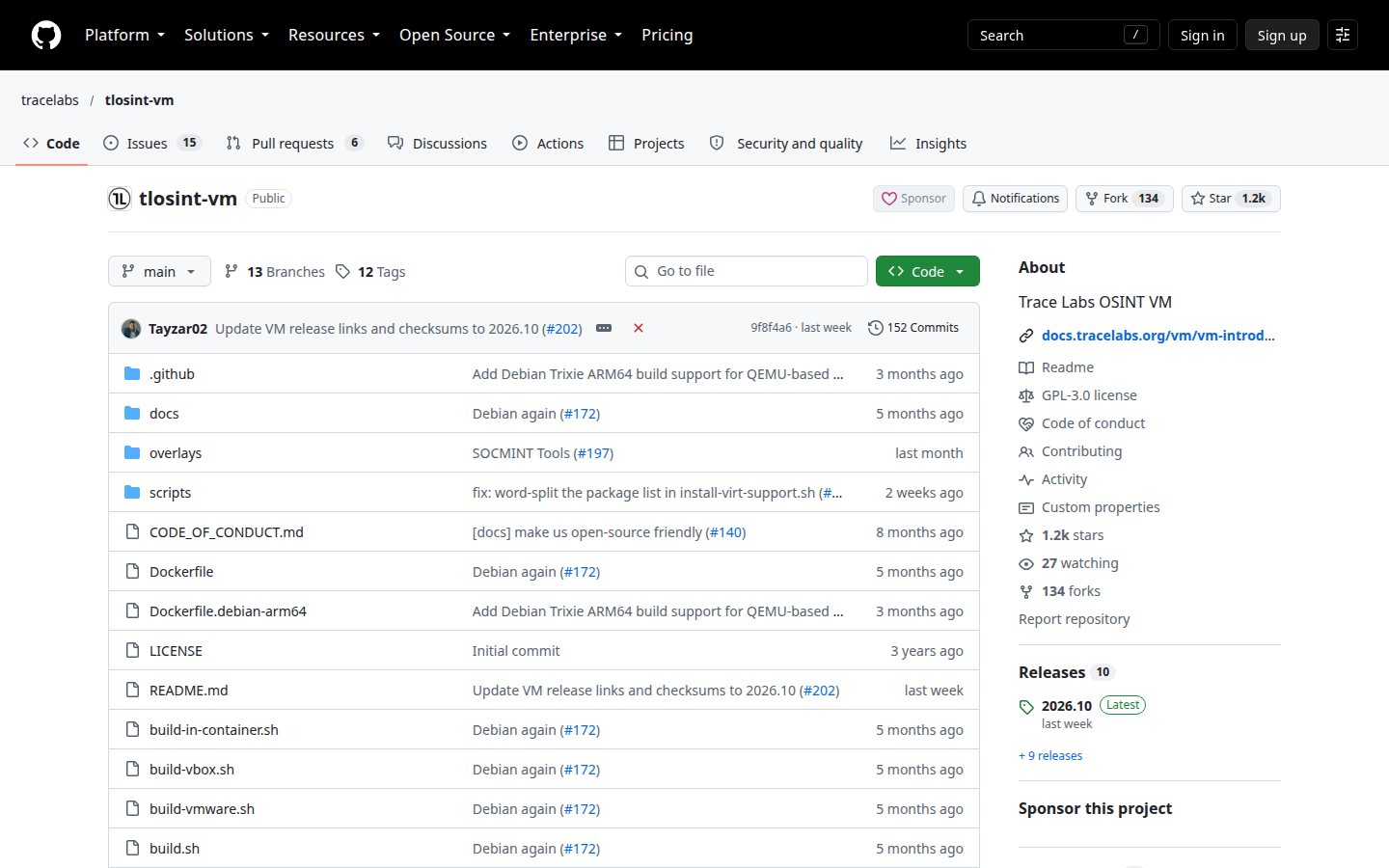 Trace Labs OSINT VM README on GitHub, 20 Oct 2026, stating the build recipe is based on the Kali Linux kali-vm script.