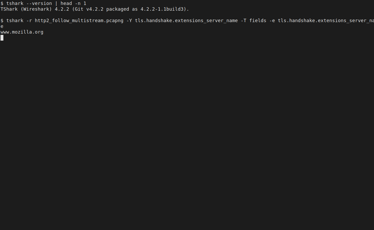 TShark 4.2.2 on 18 Oct 2026 printing its version line and the TLS server-name field www.mozilla.org from the HTTP/2 sample pcap.