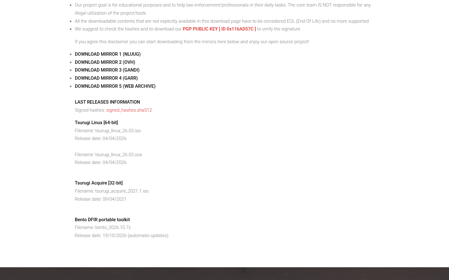 Tsurugi download page further down on 20 Oct 2026, showing Acquire dated 09/04/2021 and Bento dated 19/10/2026.