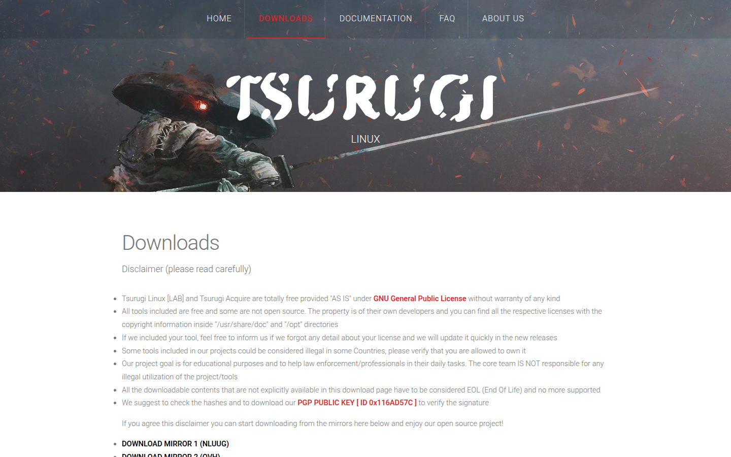 Tsurugi download page on 20 Oct 2026, with the GPL disclaimer and Lab files tsurugi_linux_26.03 dated 04/04/2026.