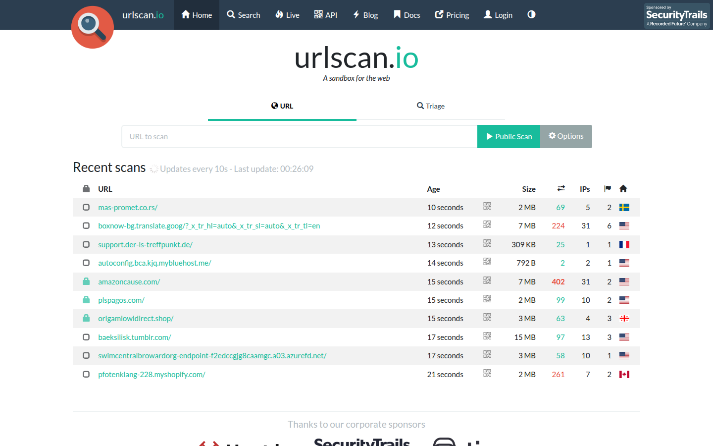 urlscan.io homepage, captured 16 Oct 2026