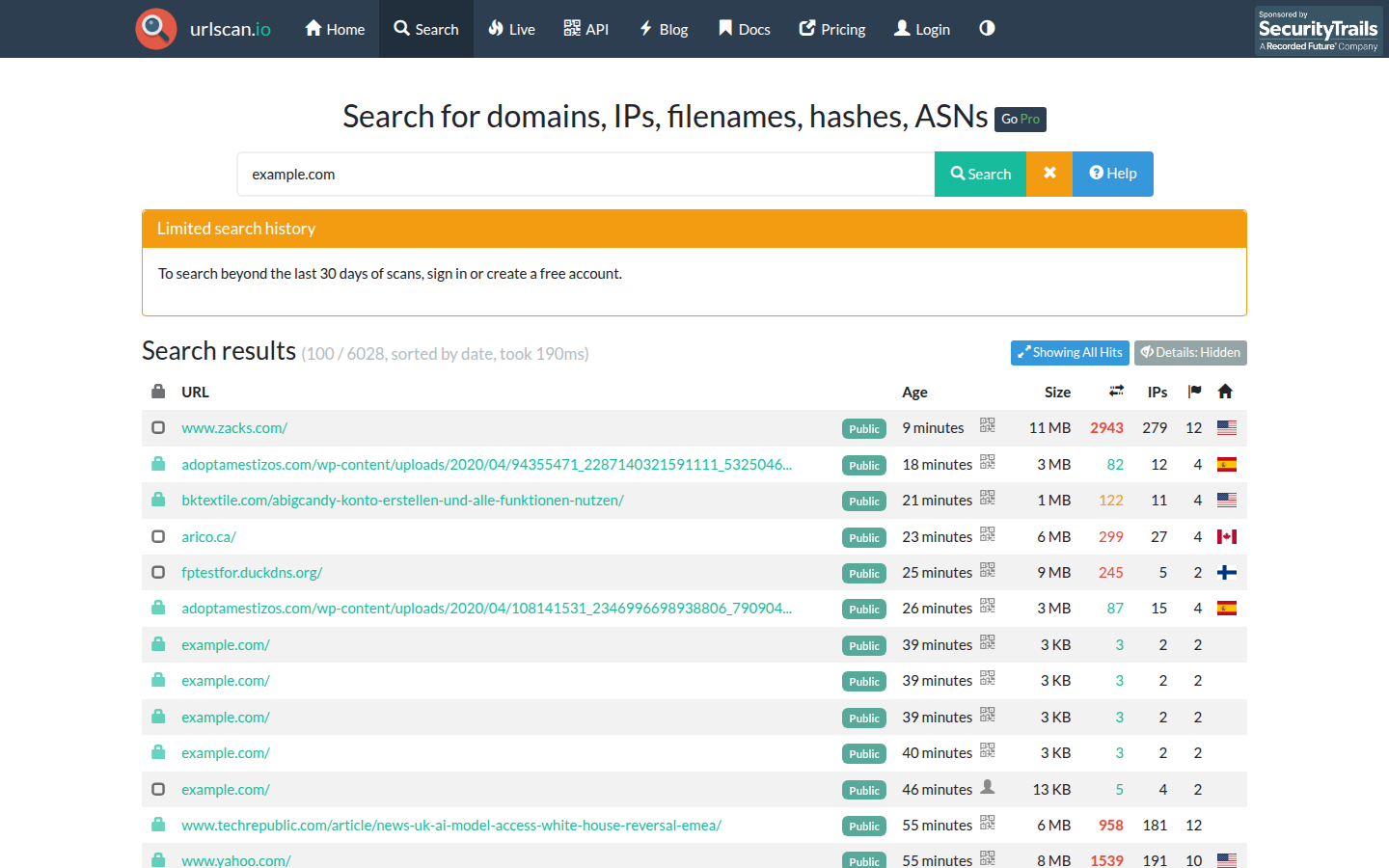 urlscan.io search for example.com, captured 16 Oct 2026
