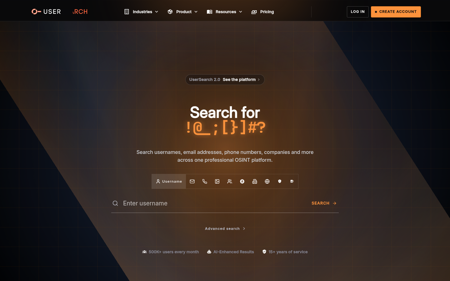 UserSearch homepage, captured 16 Oct 2026