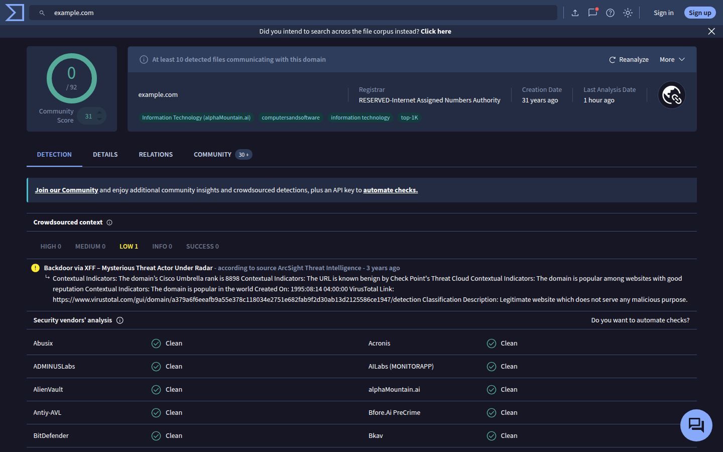 VirusTotal domain page for example.com, captured 16 Oct 2026