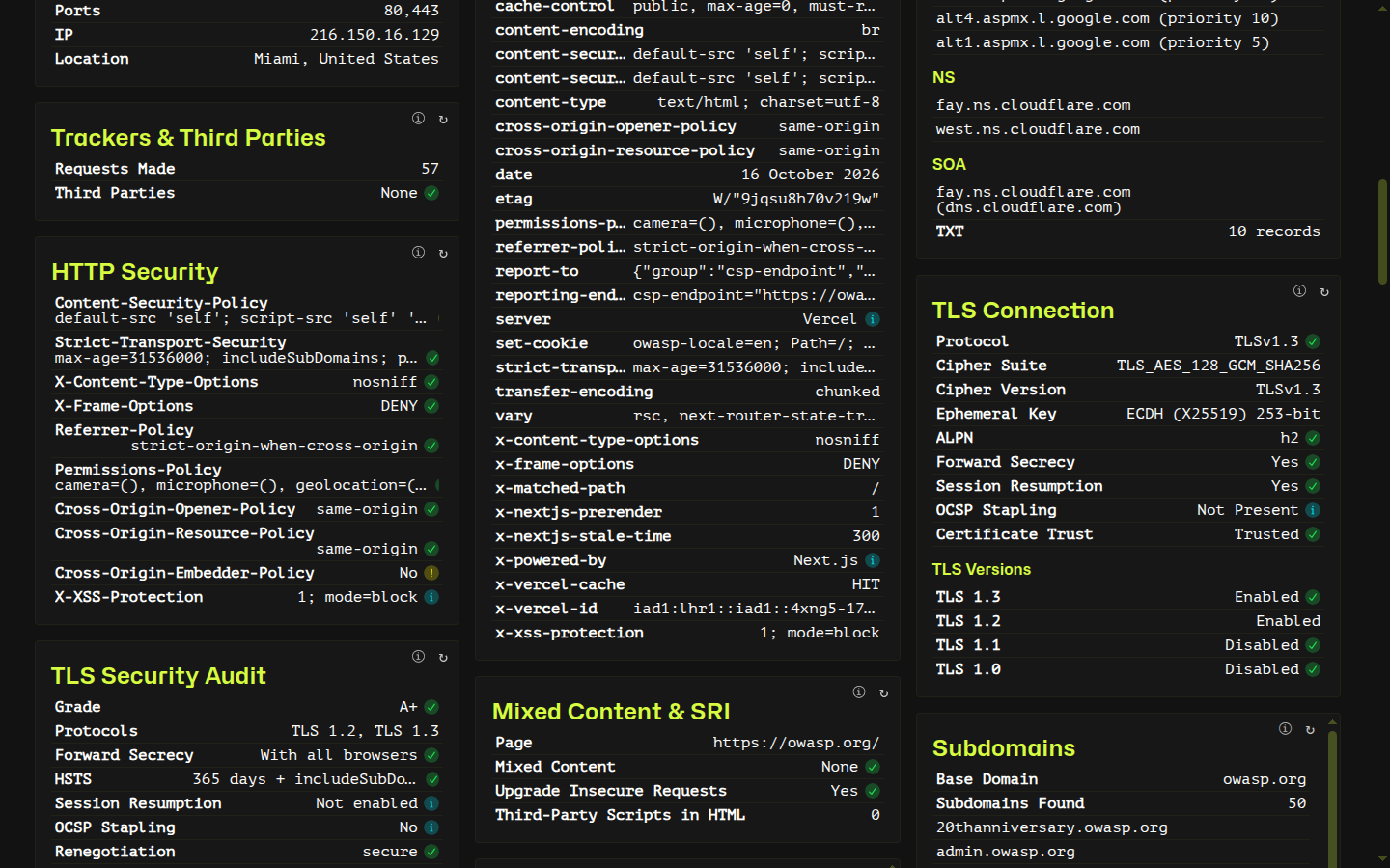 Web-Check: Same public report, scrolled to headers and DNS, captured 16 Oct 2026. Visible rows included Cloudflare name servers, Google MX hosts, and the owasp-locale cookie. No account was used.