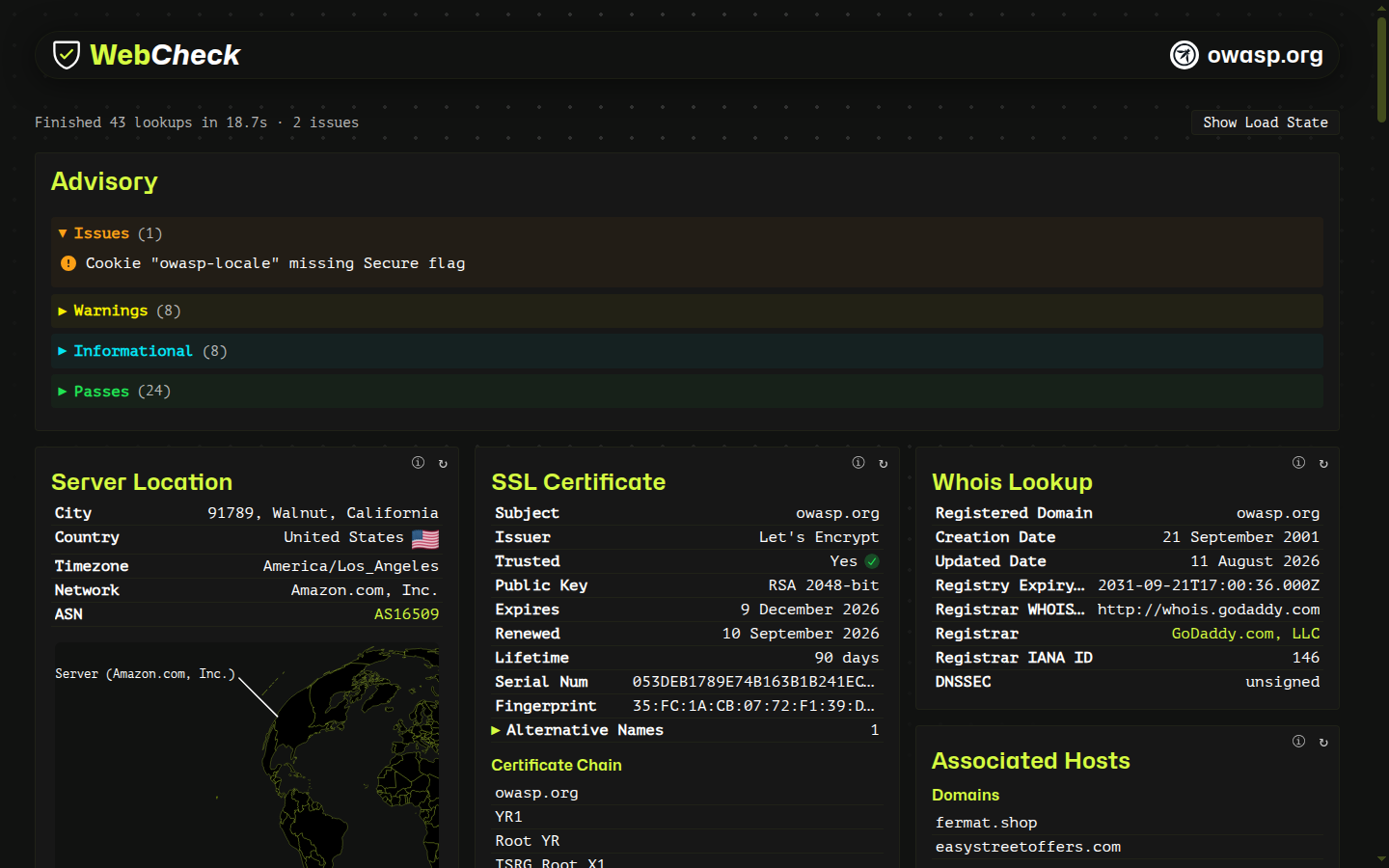 Web-Check: Public Web-Check report for https://owasp.org, captured 16 Oct 2026. The page said 43 lookups finished, with two jobs skipped.