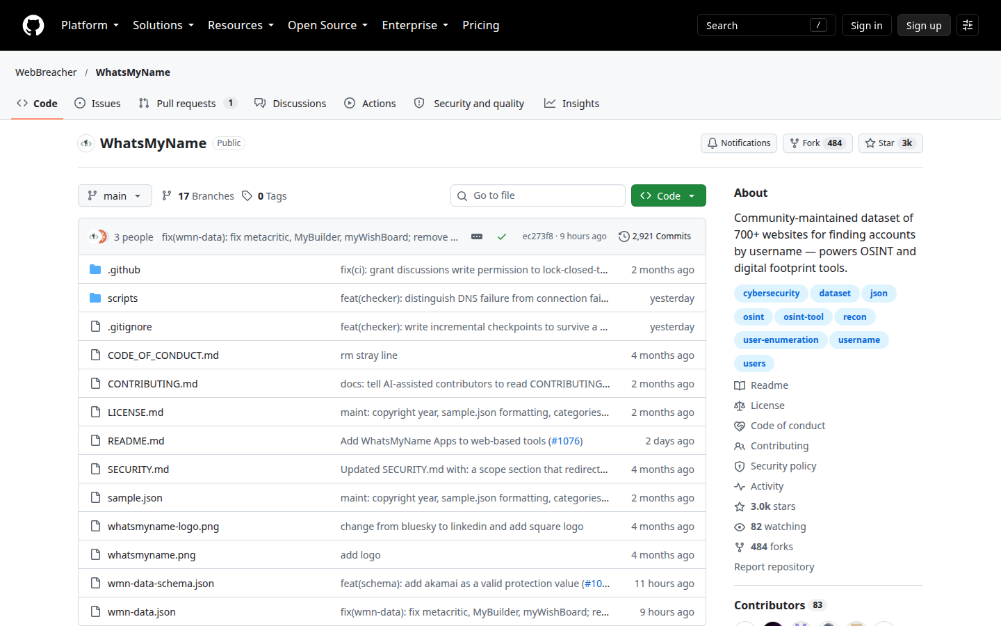 WhatsMyName repository, captured 16 Oct 2026