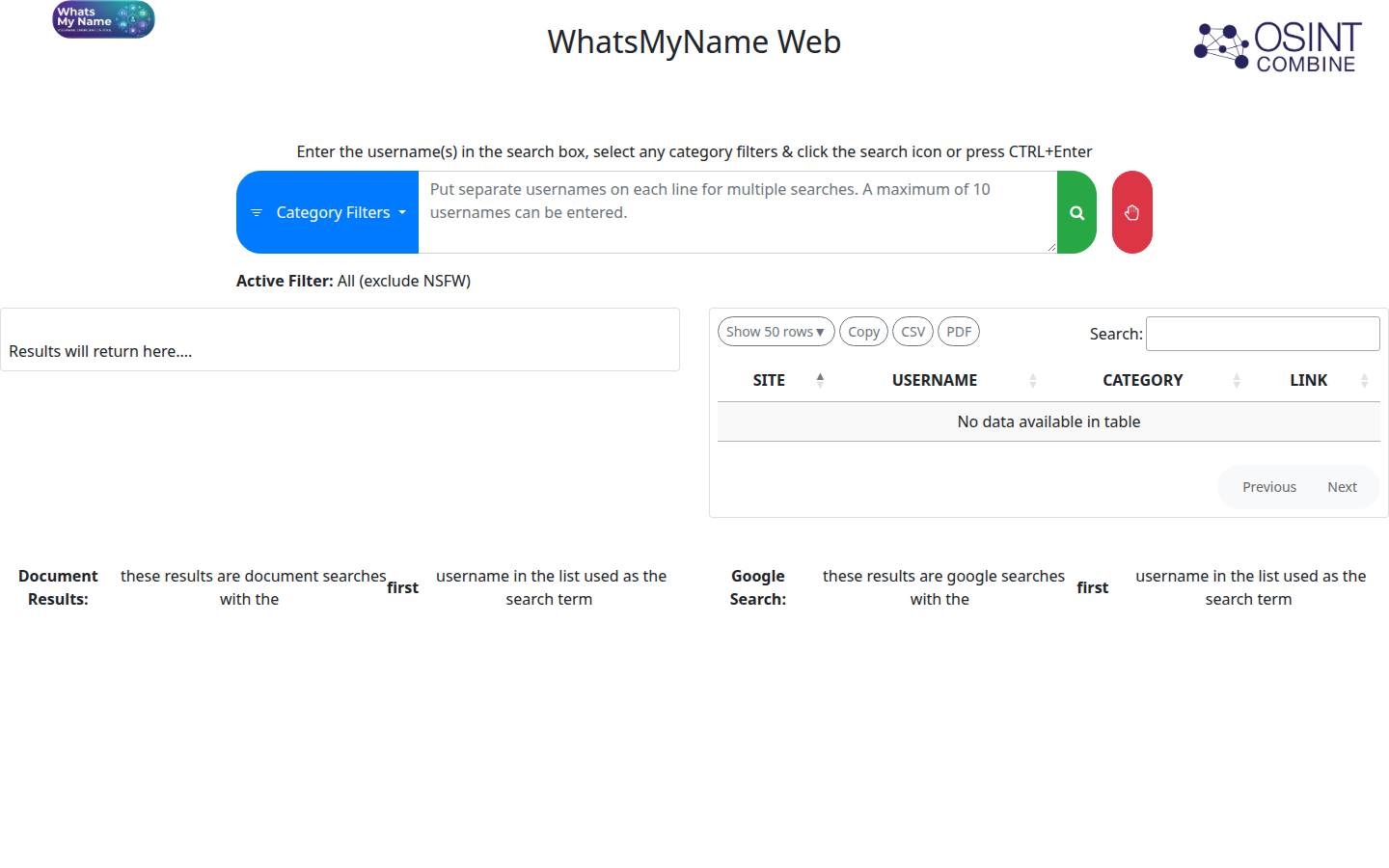 WhatsMyName web, captured 16 Oct 2026