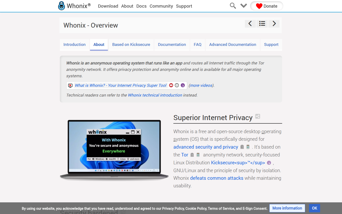 Whonix about page on 20 Oct 2026, saying the system is based on Kicksecure and splits Tor across a gateway VM and a workstation VM.