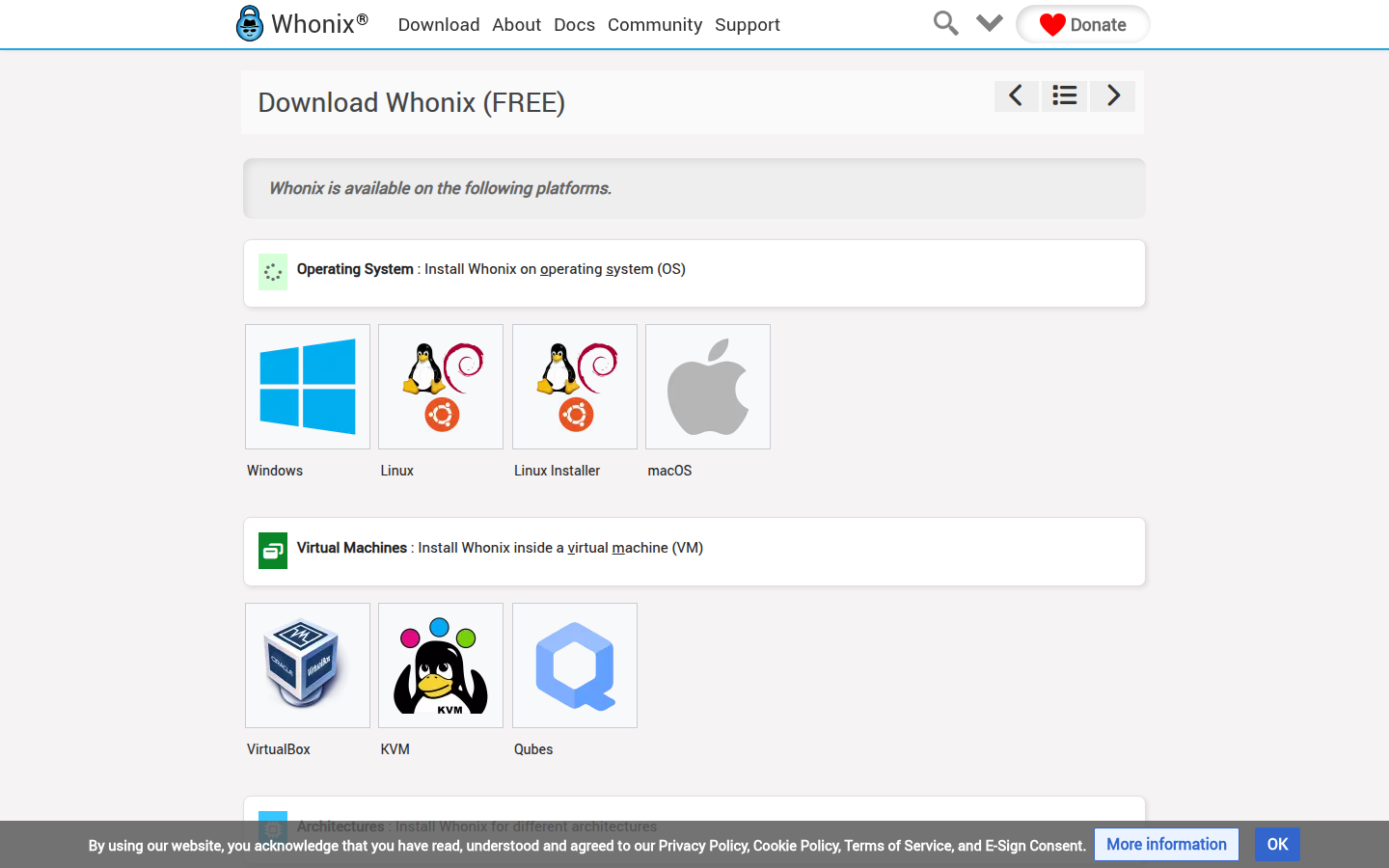Whonix download table on 20 Oct 2026, listing Windows, Linux, macOS, VirtualBox, KVM, and Qubes, with other rows not yet shipped.