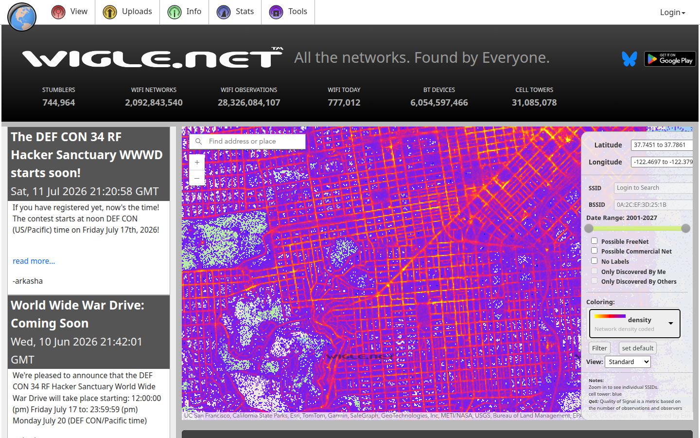 WiGLE homepage, captured 16 Oct 2026