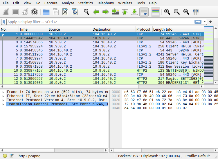 Wireshark 4.2.2 on 18 Oct 2026 listing frames from the Mozilla HTTP/2 sample, including a TCP SYN and a TLS client hello to www.mozilla.org.