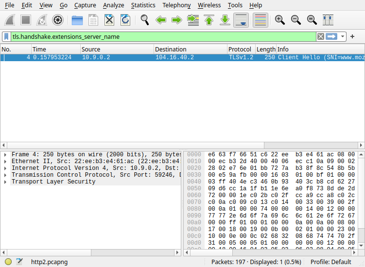Wireshark 4.2.2 on 18 Oct 2026 filtered to the TLS server-name extension, with packet bytes showing www.mozilla.org in the client hello.