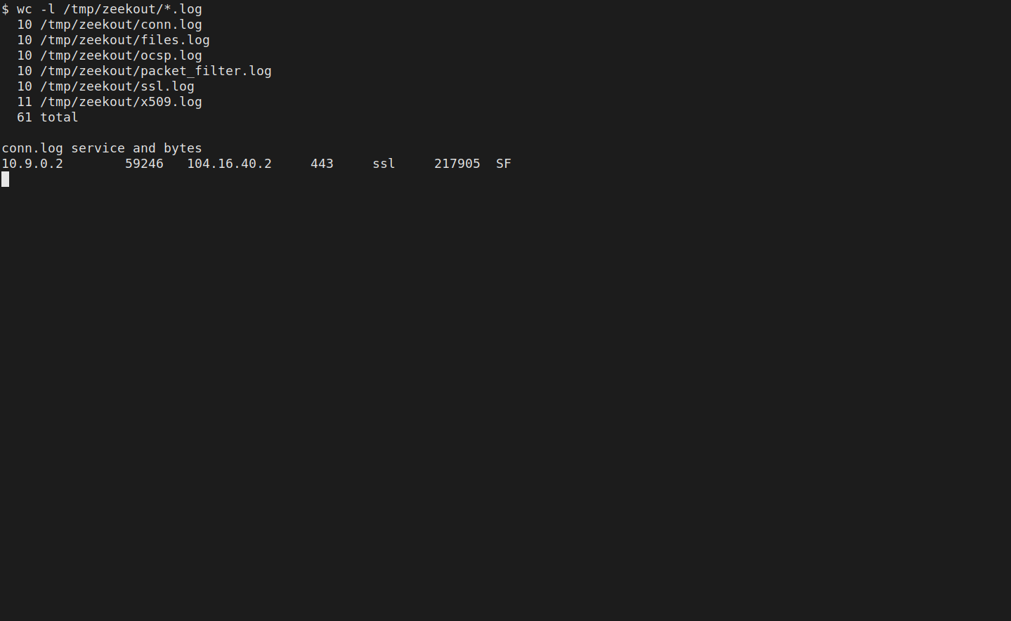 Zeek 7.0.11 on 18 Oct 2026 showing conn.log for the Mozilla sample, service ssl and state SF, plus the log files that run produced.