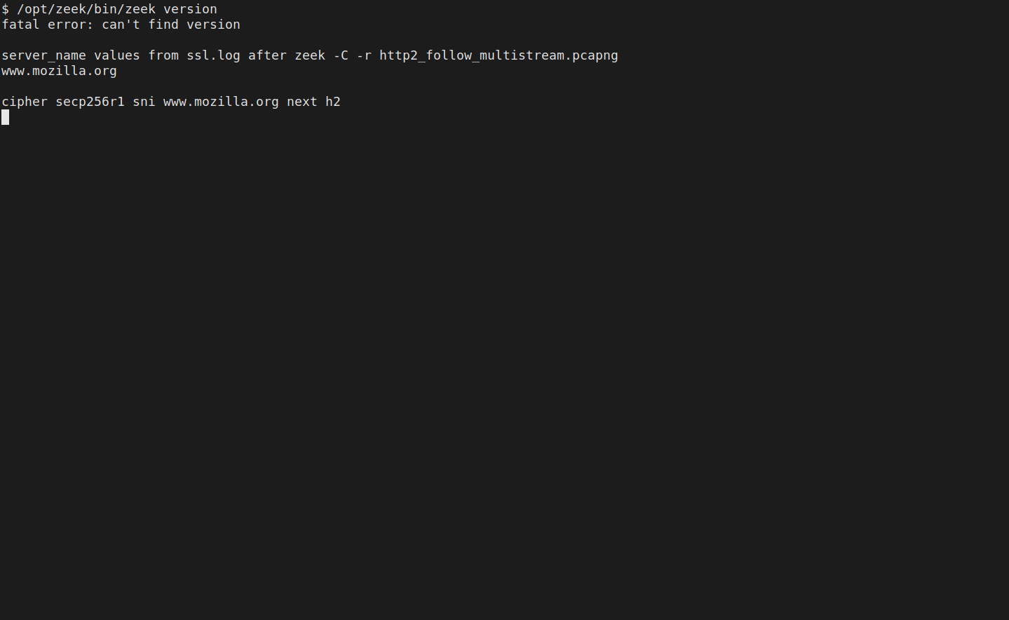 Zeek 7.0.11 on 18 Oct 2026 printing ssl.log from the Mozilla sample, with server_name www.mozilla.org, TLS 1.2, and next protocol h2.