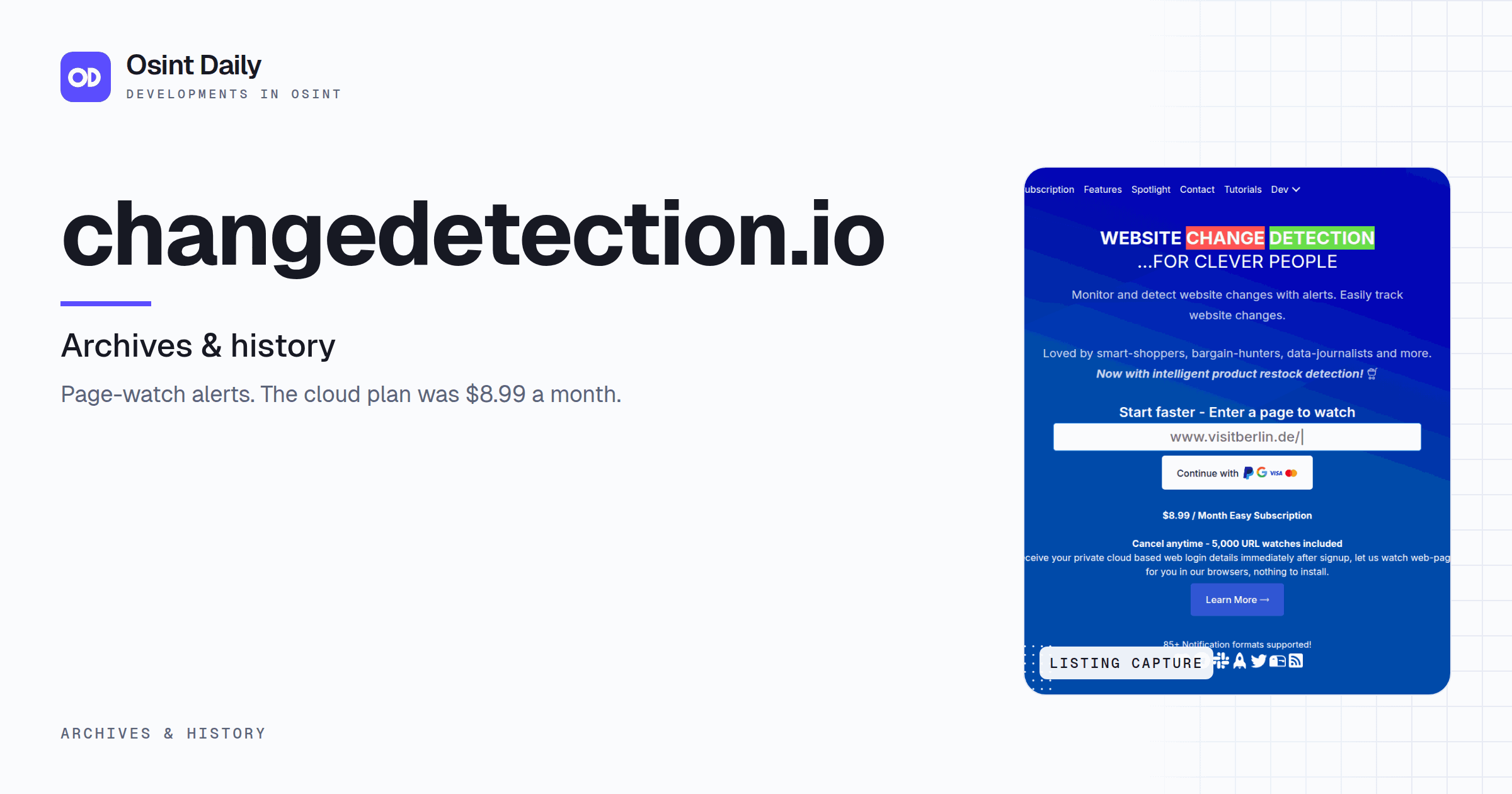 Osint Daily cover for changedetection.io, under Archives & history, published 23 Oct 2026. The right side crops the listing capture. Page-watch alerts. The cloud plan was $8.99 a month.