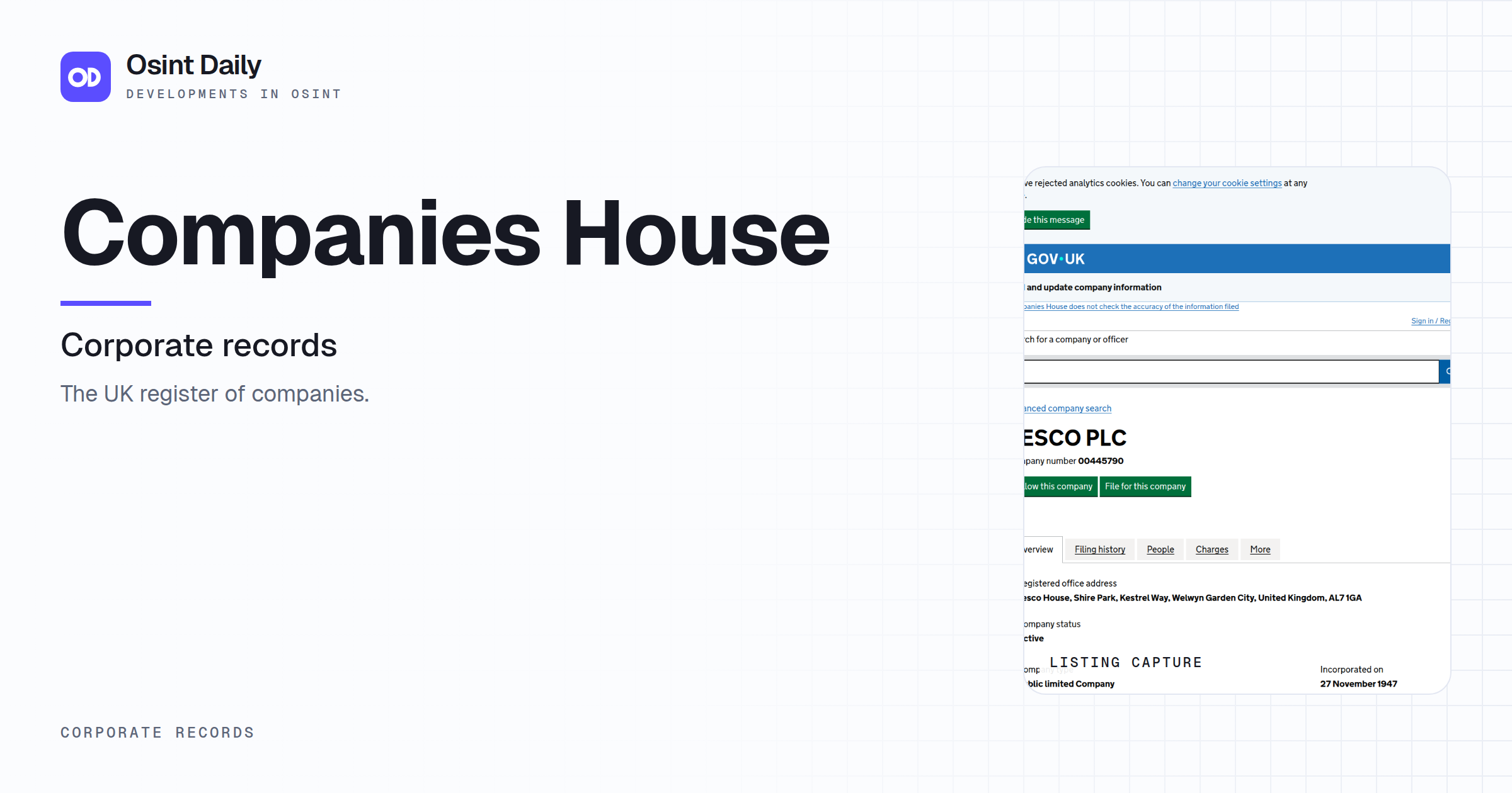 Osint Daily cover for Companies House, under Corporate records, published 16 Oct 2026. The right side crops the listing capture. The UK register of companies.